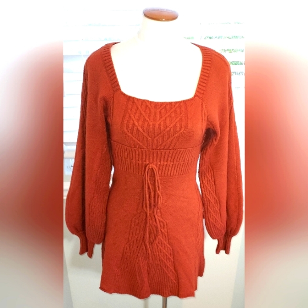 Free People Rust/Copper Terra Cott Square Neck Sweater Dress NWT